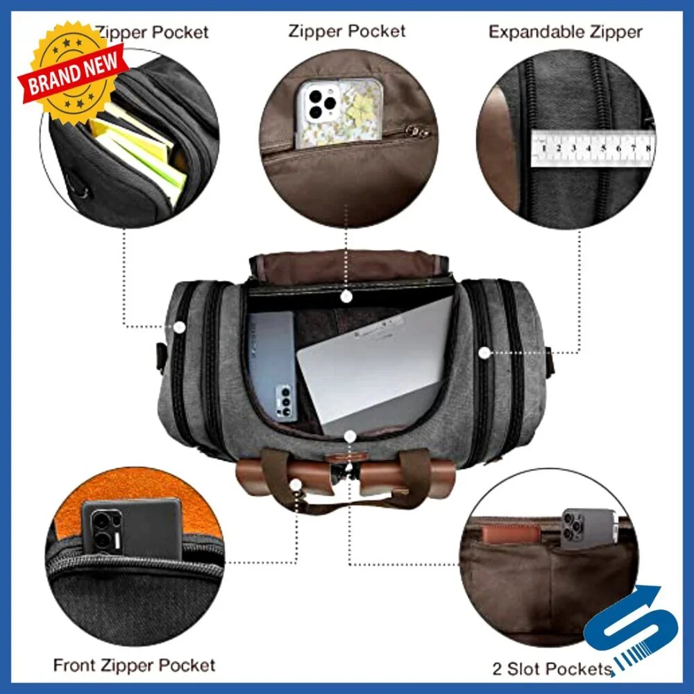 Retro Canvas Leather Duffle Bag Expandable Weekender Carry On Travel Duffel